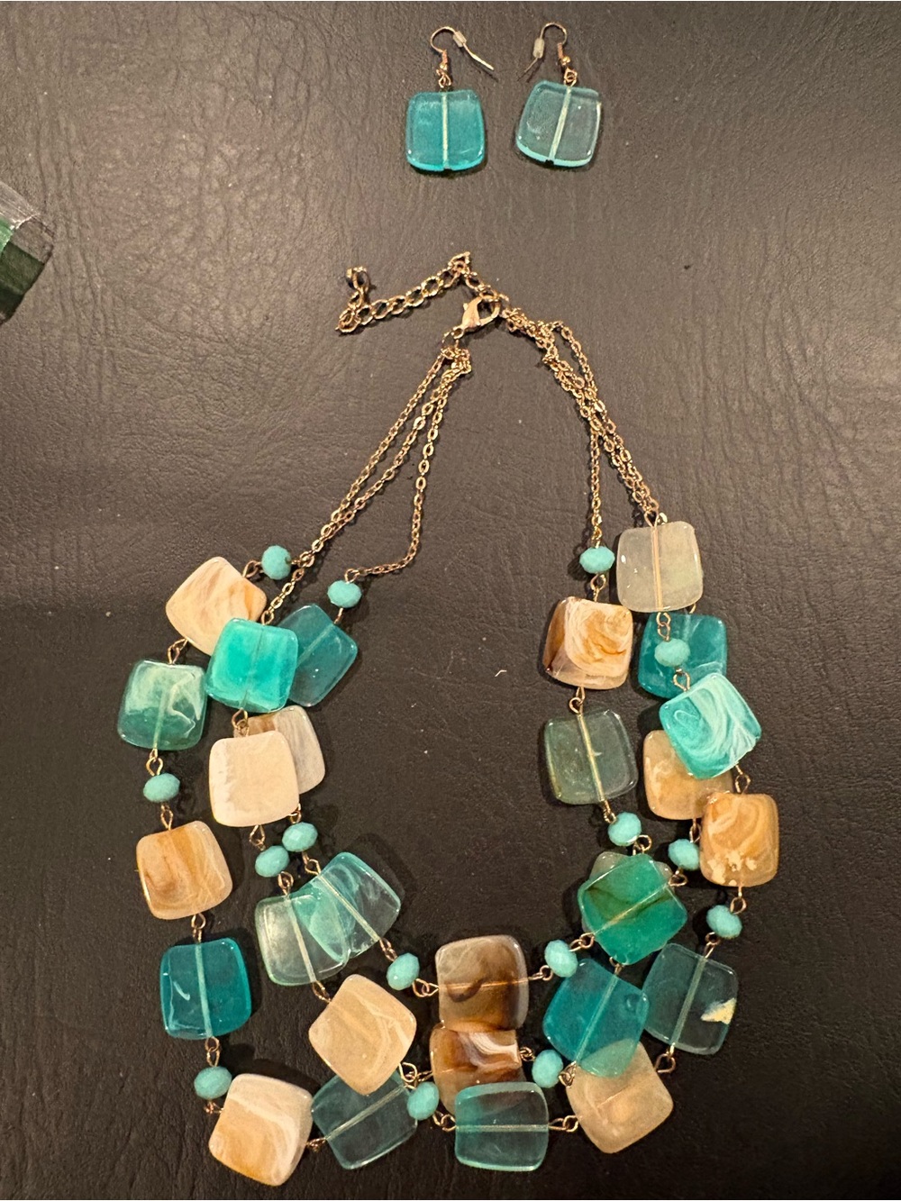 Turquoise & Beige Multi-Strand Statement Necklace with Matching Earrings